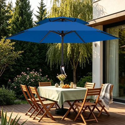 Parasol de patio à 2 niveaux en acier 12 pi avec manivelle lisse, 6 nervures robustes, imperméable et résistant aux rayons UV, parasol de table de patio parfait pour la piscine, la terrasse, la plage et le restaurant extérieur, bleu royal