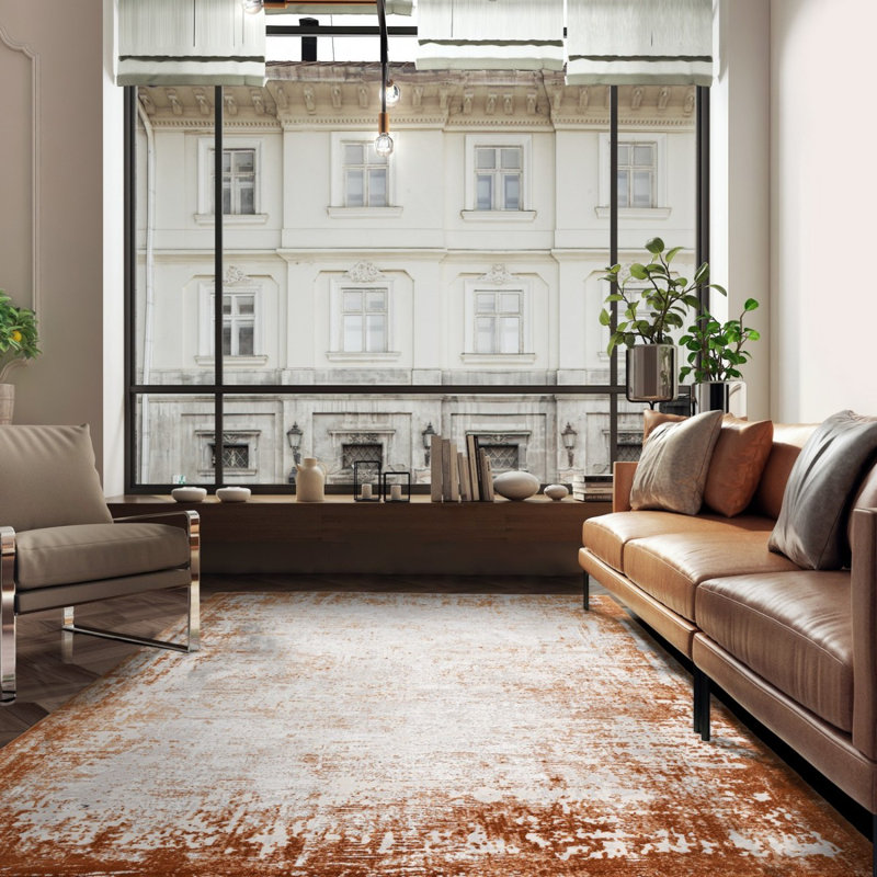 Terracotta Abstract Modern Easy To Clean Rug For Dining Room Bed Room And Living Room, Rectangle 200 x 290cm, Chenille/Cotton