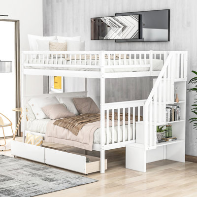 Full Over Bunk Bed In White With Two Drawers & Storage - Accommodates 4, High Guardrails For , Wheels On Convenience Drawer Fits Guards Robust And Guardrails, Facilitates Mobility