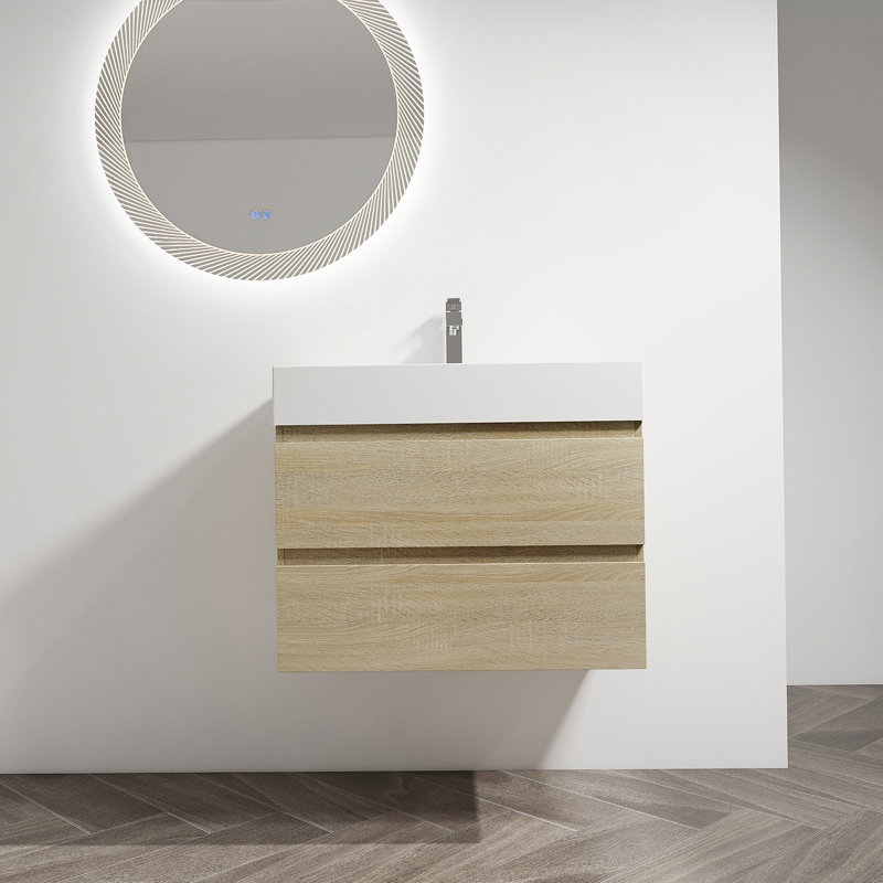 Meuble-lavabo mural 30 po avec lavabo en résine, 2 tiroirs à fermeture en douceur, ensemble KD, 30", Chêne clair