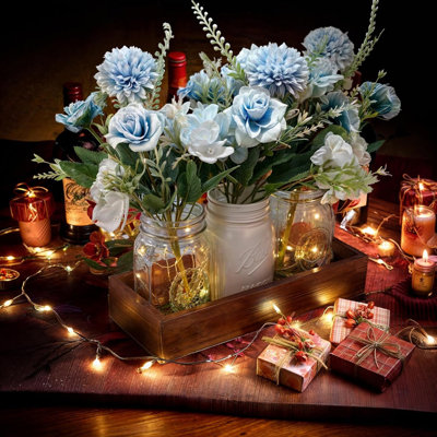 Blue Flowers Mason Jar Centerpiece With Led Lights And Wood Tray