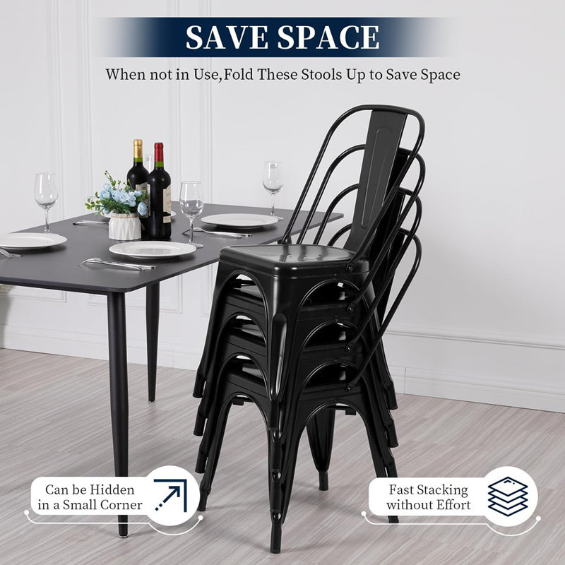 Chaises de salle à manger en métal | Ensemble de 4 | Noir | Chaises d'appoint empilables avec dossier Tolix | Résistant aux rayures | Pieds antidérapants | Utilisation intérieure / extérieure | Capacité de 330 lb | Pour la cuisine et le restaurant