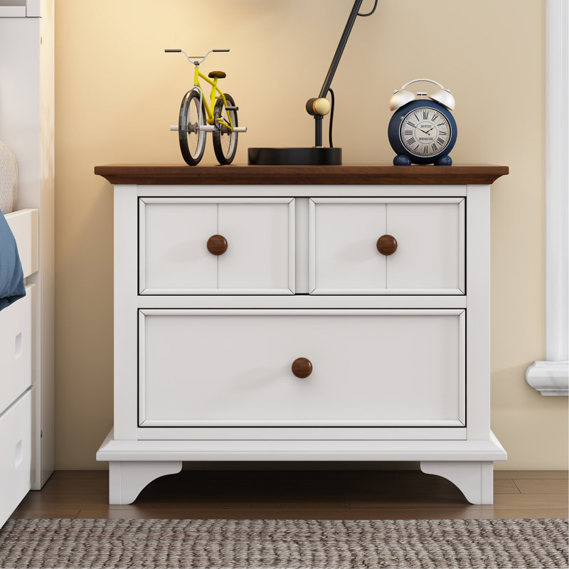 Table de bout en bois avec table de bout à deux tiroirs Captain pour chambre à coucher, salon, blanc et noyer