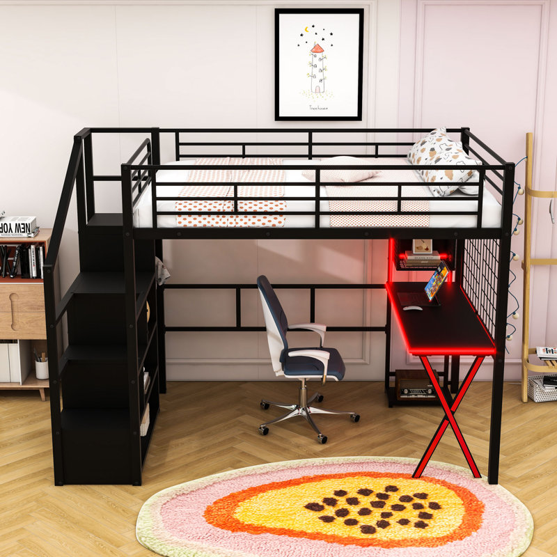 Lit mezzanine multifonctionnel avec bureau d'étude intégré, garde-robe et lumière DEL