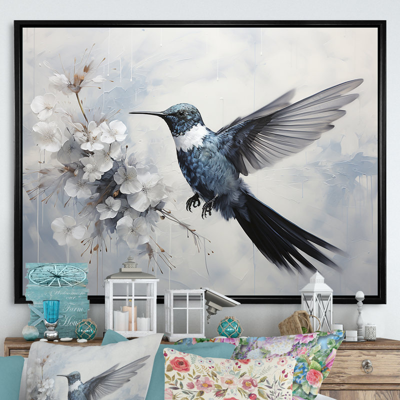 Colibri harmonie florale I sur toile, Cadre flottant noir, H 24 po x l 32 po x P 1 po