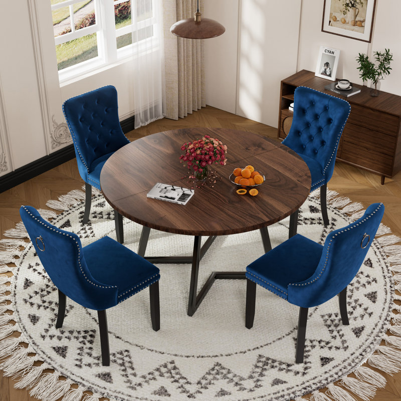 Round Wooden Dining Set with Velvet Dining Chair, Dark Brown, Blue
