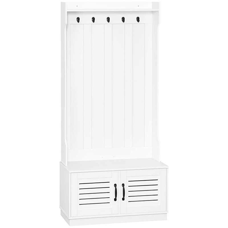 Modern Hall Tree, Entryway Coat Rack with Shoe Bench, 5 Hooks, Storage Shelf and Slatted Door Cabinet for Hallway, White