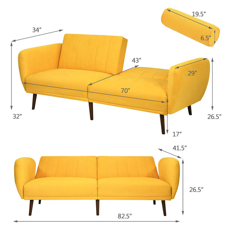 Lennon Twin 82.5'' Upholstered Convertible Sofa, Yellow Cotton/Linen
