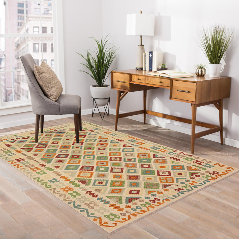 Bondurant Geometric Flatweave Rectangle 6'7'' x 9'7'' Wool Area Rug in Beige/Brown/Blue