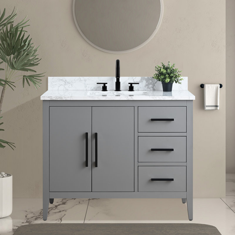 Ensemble de meuble-lavabo simple 42 po avec plateau en marbre Chambery, Noir mat, Gris cachemire