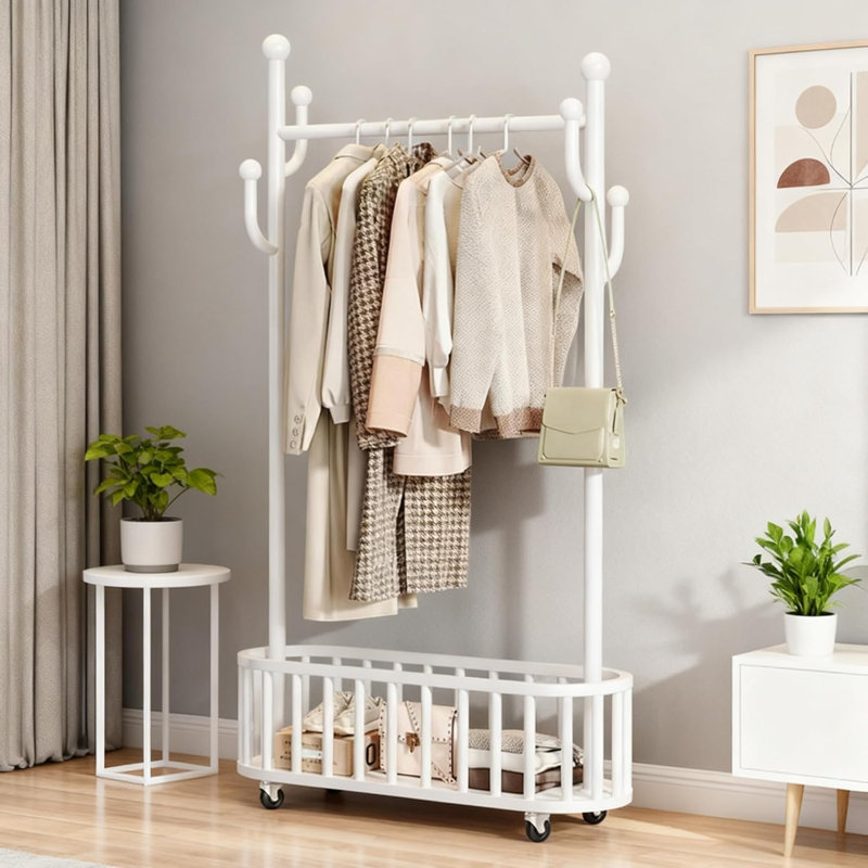 Portemanteau roulant sur roulettes verrouillable à 360 °, portemanteau autoportant avec panier de rangement inférieur, support à vêtements en métal pour vestibule de salon de chambre à coucher, 100 cm