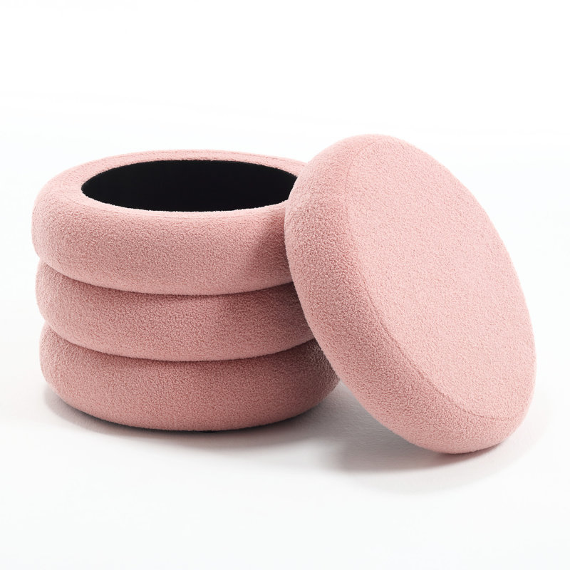 Leiani 19.5" W Round Upholstered Storage Ottoman , Pink Teddy
