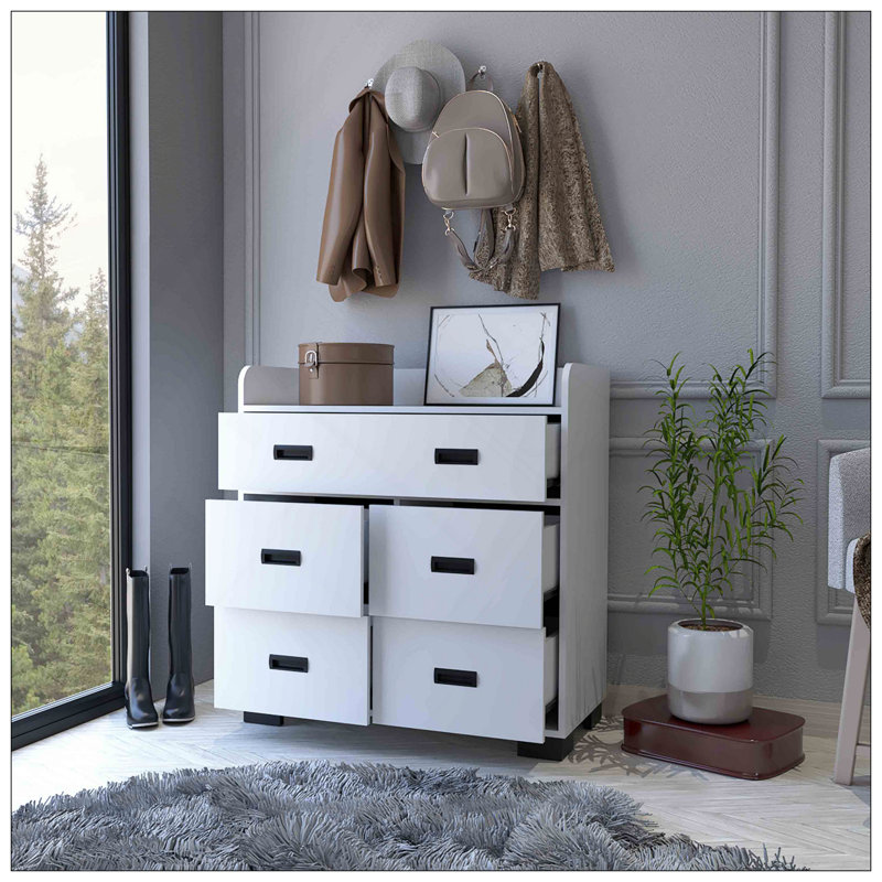 Commode Anemone, tiroir double, 4 tiroirs simples, Blanc