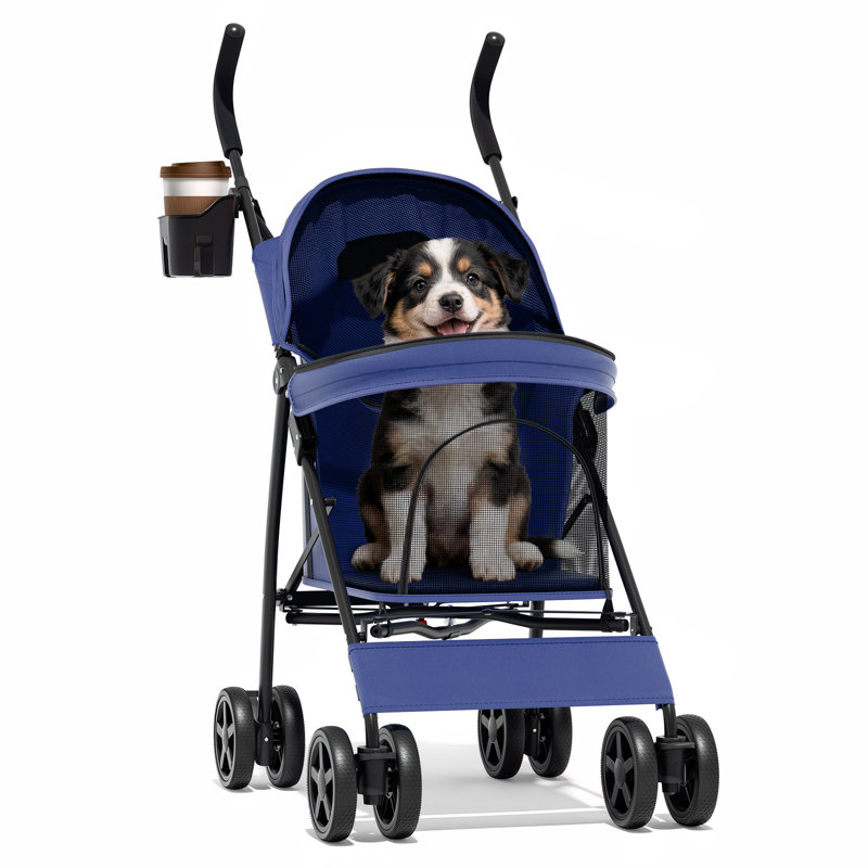 Chariot de transport pliable pour chien, poussette, 4 roues, Bleu