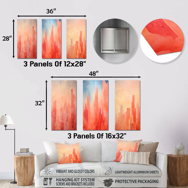 «Salmon Spires High Rise Cityscape - Skyscrapers», ensemble de 3 reproductions d'art en métal, H 28 po x l 36 po