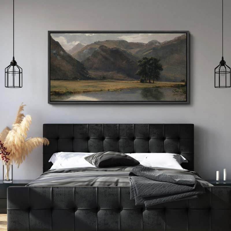 Tranquil Mountain Valley with River Modern Art, 30" H x 60" W, Black