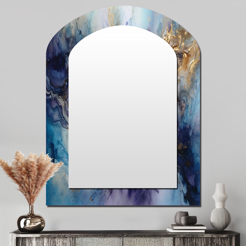 Gold Purple Captivating Liquid Ink I - Marble Arch Decorative Wall Mirror, Modern Asymmetrical Mirror, Printed Metal Art