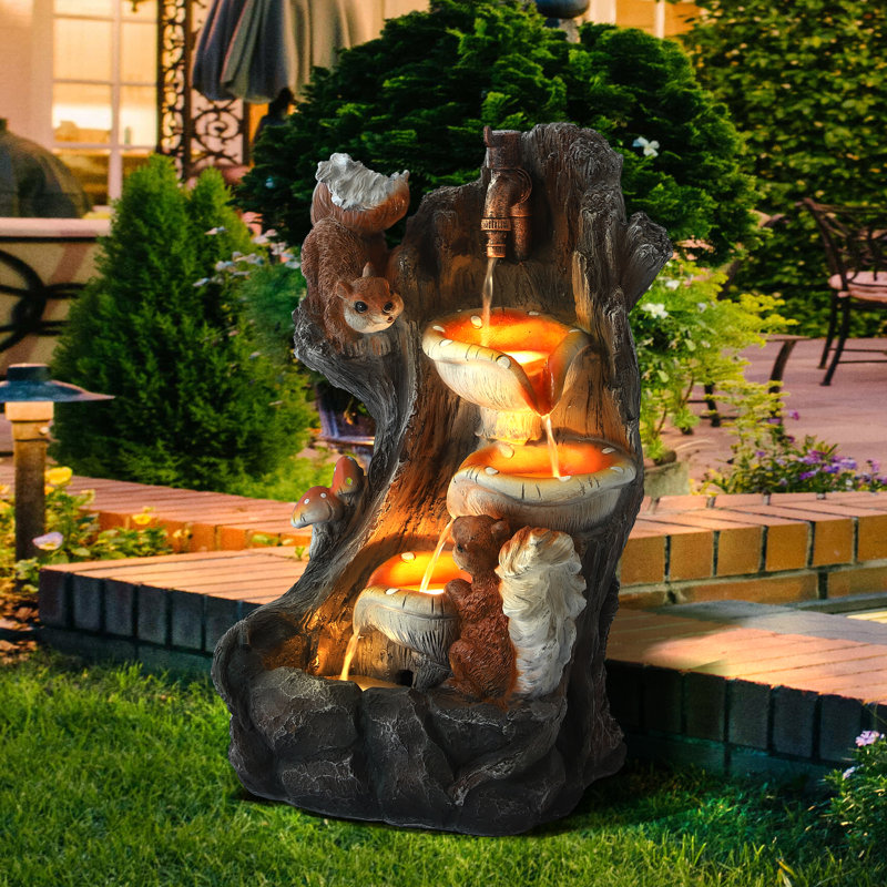 21.7" Outdoor Water Fountain With Led Lights, 5-tier Squirrels Mushroom Bowls Garden Fountain, Modern Cascading Waterfall Fountains For Garden, Patio, Backyard, Deck, Porch And Home Decor