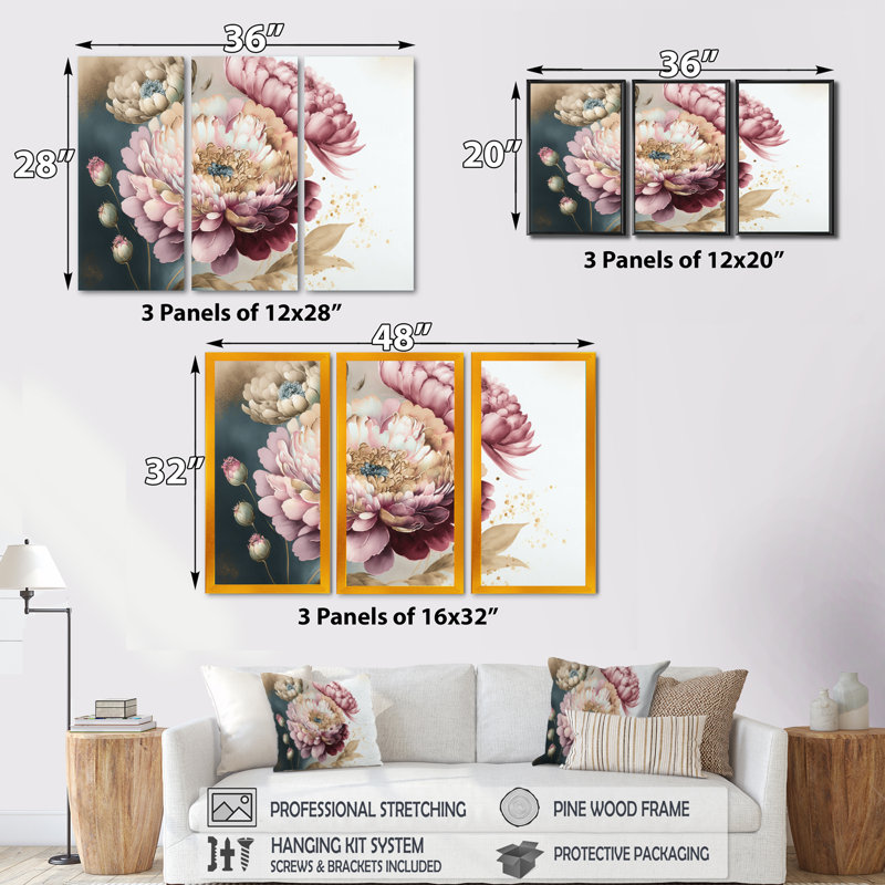 «Pink and Gold Zinnia Flowers I», reproduction sur toile flottante 3 pièces, H 28 po x l 36 po x P 1 po, Encadré naturel