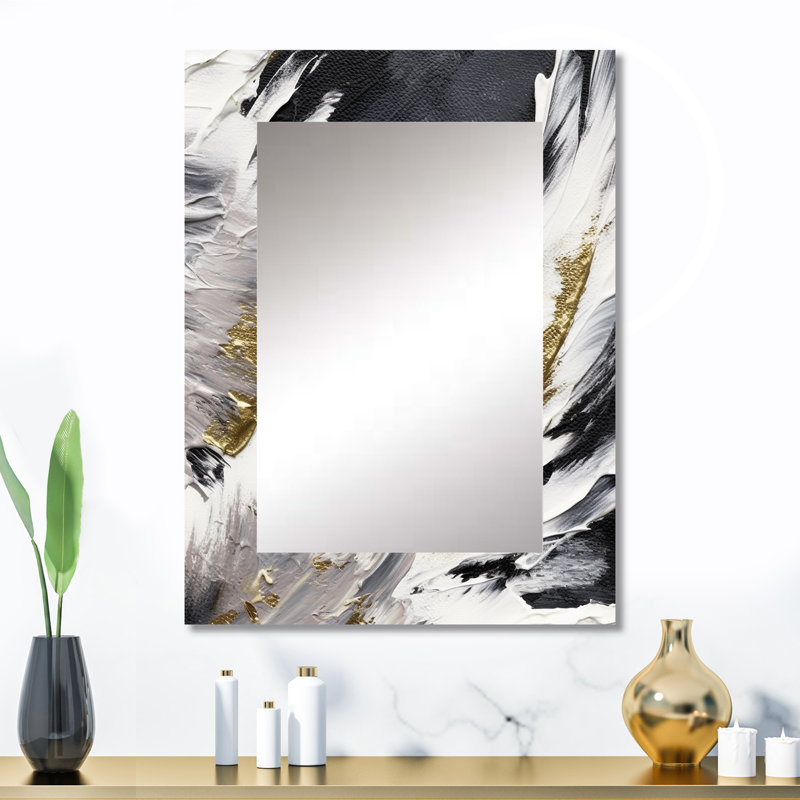 Wild Wave Bliss Abstract Gold White Black VIII - Modern Rectangular Wall Mirror, 32" x 24"