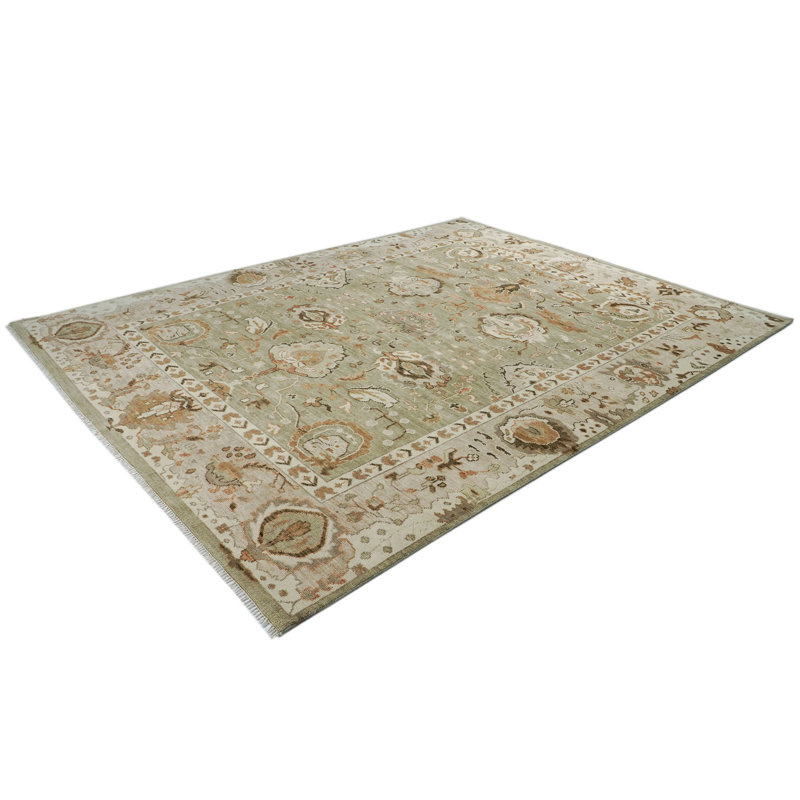 Tapis vert en laine noué à la main 12 x 15 po Oushak