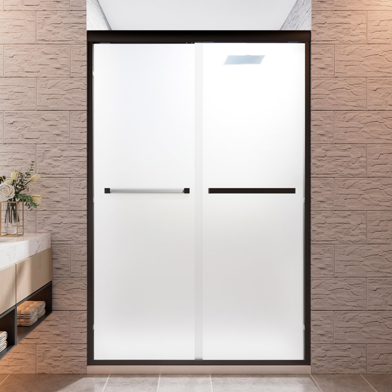 Porte de douche coulissante double semi-sans cadre l 44 à 48 po x H 72 po avec verre trempé nano 1/4 po (6 mm), cadre en aluminium, finition noir mat