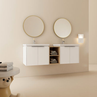 60 Inch Wall Mounted Bathroom Vanity With Sink And Shelving - Elegant Option White Extra Space Classic Design