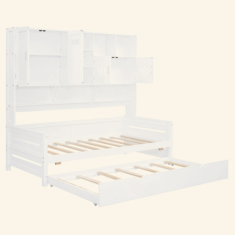 Lit de jour simple en bois avec lit gigogne simple, armoire et tablette tout-en-un, Blanc