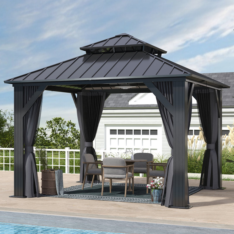 10 ft x 10 ft Black Aluminum Frame Gazebo with Curtains and Netting
