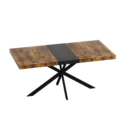 Retro Rectangular Dining Table With Stretch Ability, Antique Wood Top & Black Relief Plate, Iron Foot Base Storage Box, Seats 6, + Metal Made Table, P