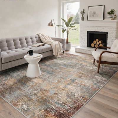 Aura Abstract Sienna Earth Machine Washable Indoor Area Rug With Non-Slip Backing