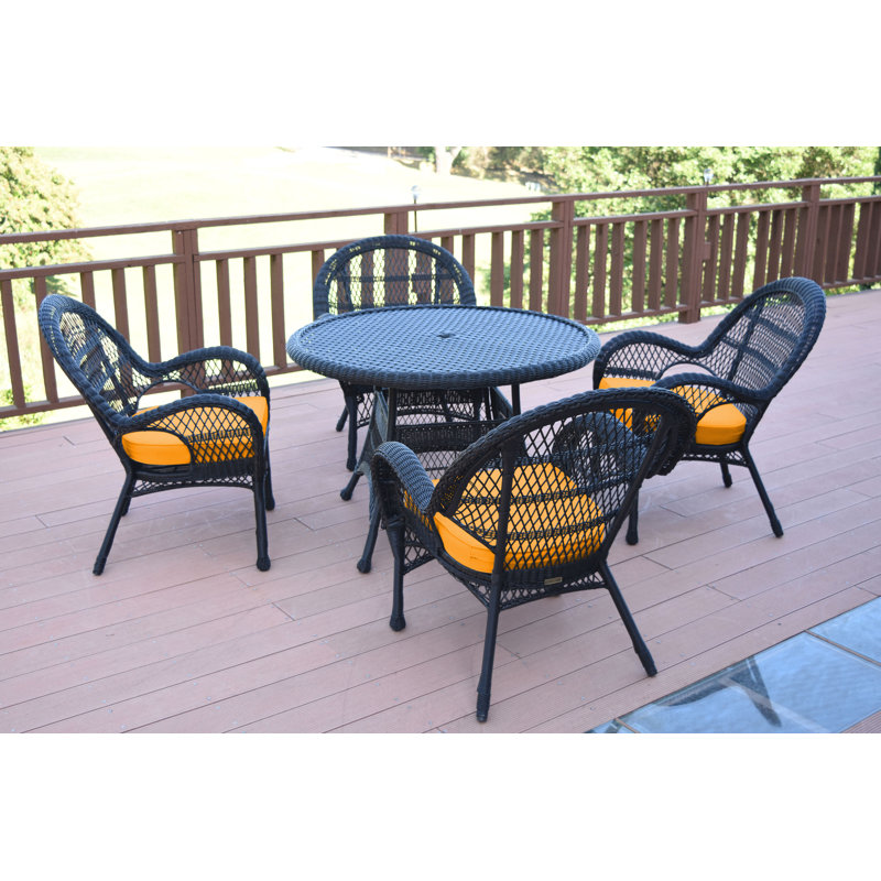 Mangum 4 - Person Wicker Patio Dining Set with Round Table, Black, Hunter Green