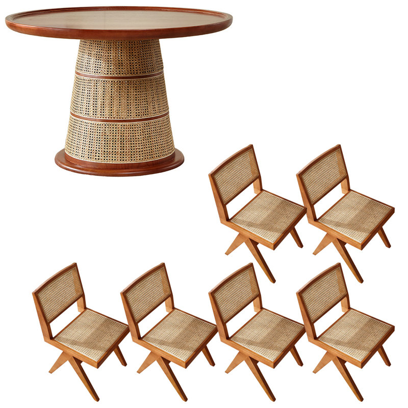 Ensemble de table ronde en rotin de bois de style japonais