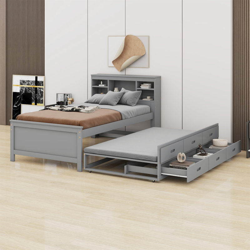 Lit plateforme avec tête de lit, USB, lit gigogne et 3 tiroirs, Gris, Simple