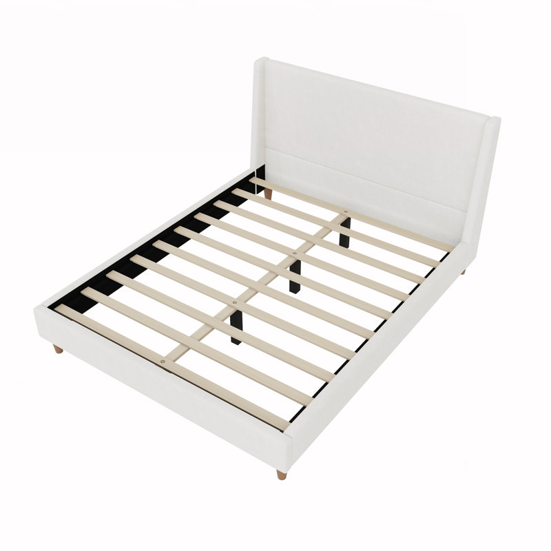 Upholstered Platform Bed With Wingback Headboard, Ivory, Queen