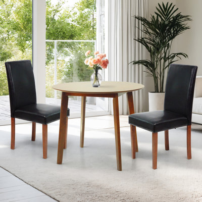 3 Piece Dining Table Set, 2 Classic Style Solid Wood Upholstered Chairs w Round Dining Table