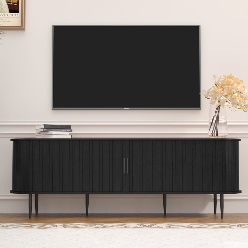 Meuble télé moderne avec porte coulissante, 63'', Noir, noir, noir, noir