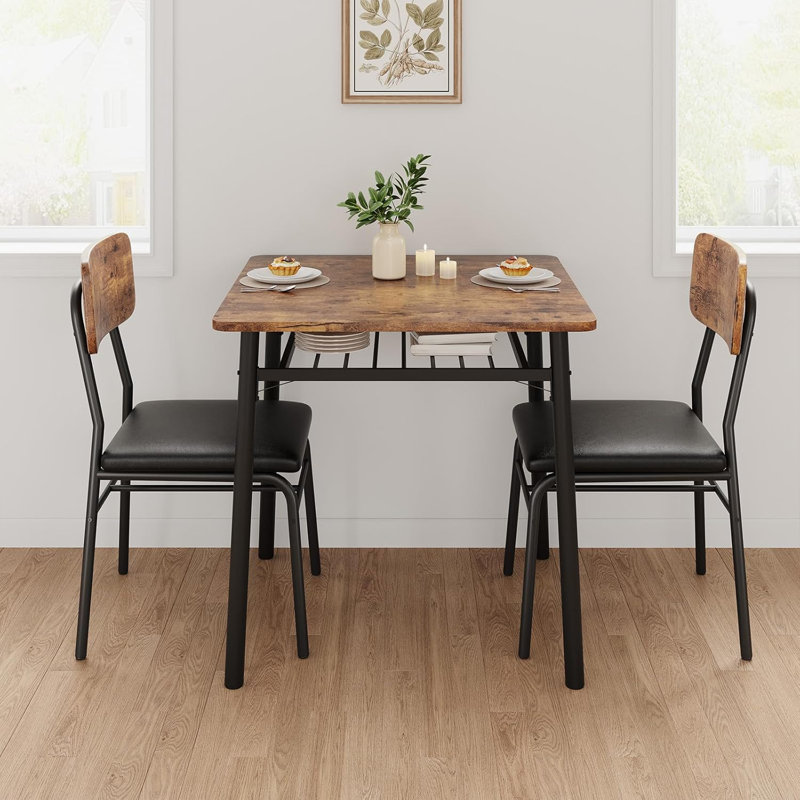 3-Piece Dining Table Set for 2, Wood Table with Storage Rack & Upholstered Chairs, Brown