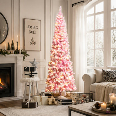 Arbre de Noël artificiel enneigé 7,5 pi avec forme de crayon, branches réalistes en pin, lumières DEL chaudes, ouverture automatique