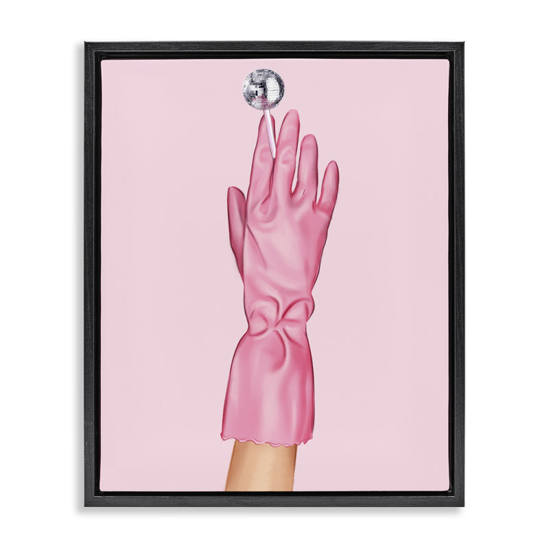 Cadre flottant rose avec gant et boule disco, design par Ziwei Li, Cadre flottant noir de jais, H 21 po x l 17 po