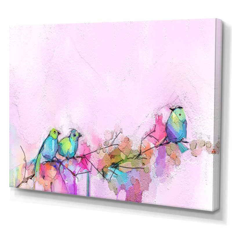 Pinceau rose et oiseaux mauves - reproduction sur toile avec cadre flottant, H 24 po x l 36 po x P 1 po, Toile tendue
