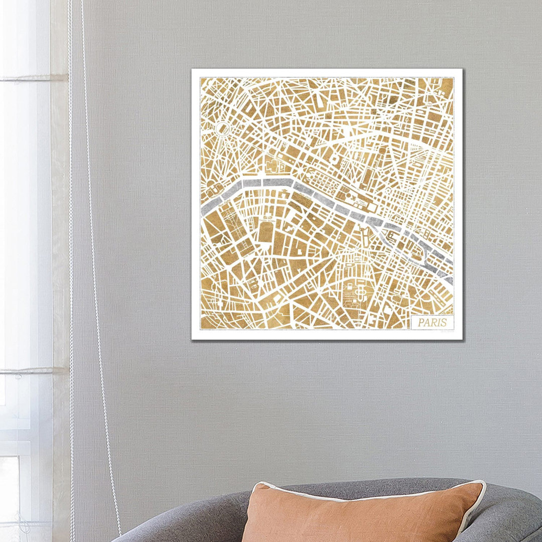 Vergoldete Paris-Karte von Laura Marshall - Galerie-verpackte Leinwand Giclée auf Leinwand