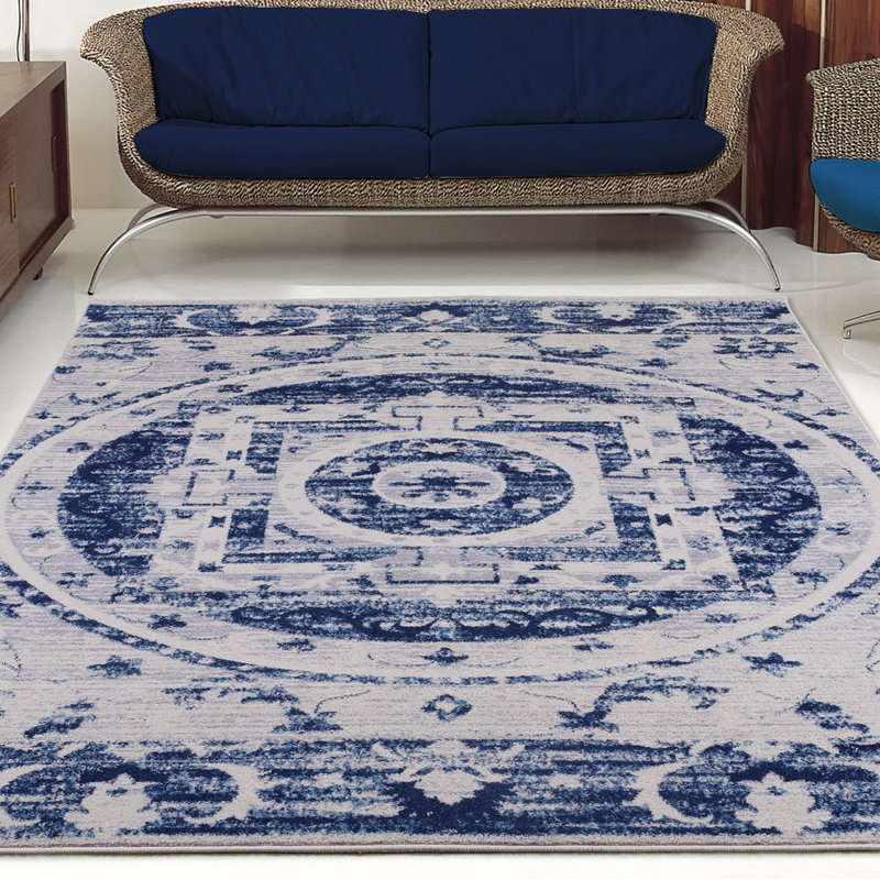 Bleu oriental/tapis décoratif gris SantaFe, Rectangulaire 7 pi 11 po x 10 pi 6 po