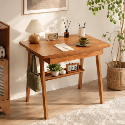 Bureau d'écriture en bois massif de style Mid-Century moderne avec tiroirs - Bureau d'ordinateur en noyer de 31,5 po pour petits espaces, bureau d'étude et poste de maquillage pour chambre à coucher / salon