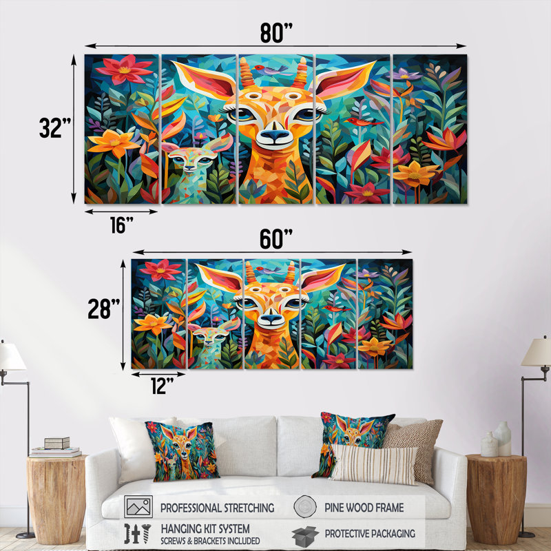 «Colorful Cute Animal Nursery II», art mural 5 pièces, H 28 po x l 60 po
