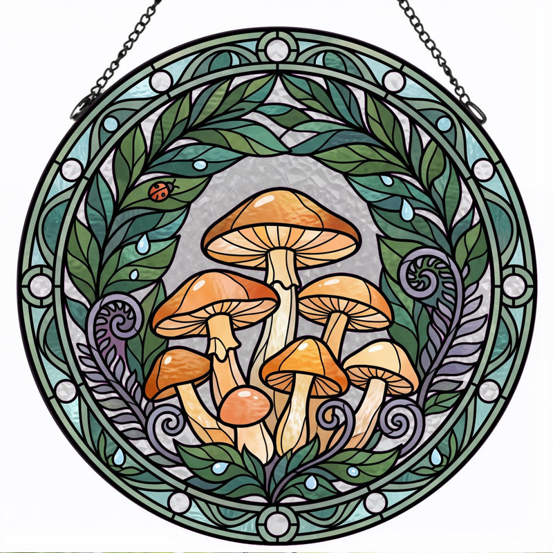 Mushroom Wreath Stained Glass Window Panel,12"H, H 12 po