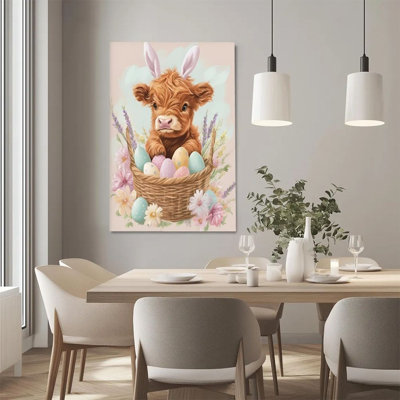 2D Flat, 1Pc Framed St. Patrick's Day & Easter Canvas Wall Art, Easter Calf, Easter Egg Basket, Dreamy Watercolor Style Art Print Canvas Poster Painting Home Wall Decor, Ideal Gift, Ready To Hang