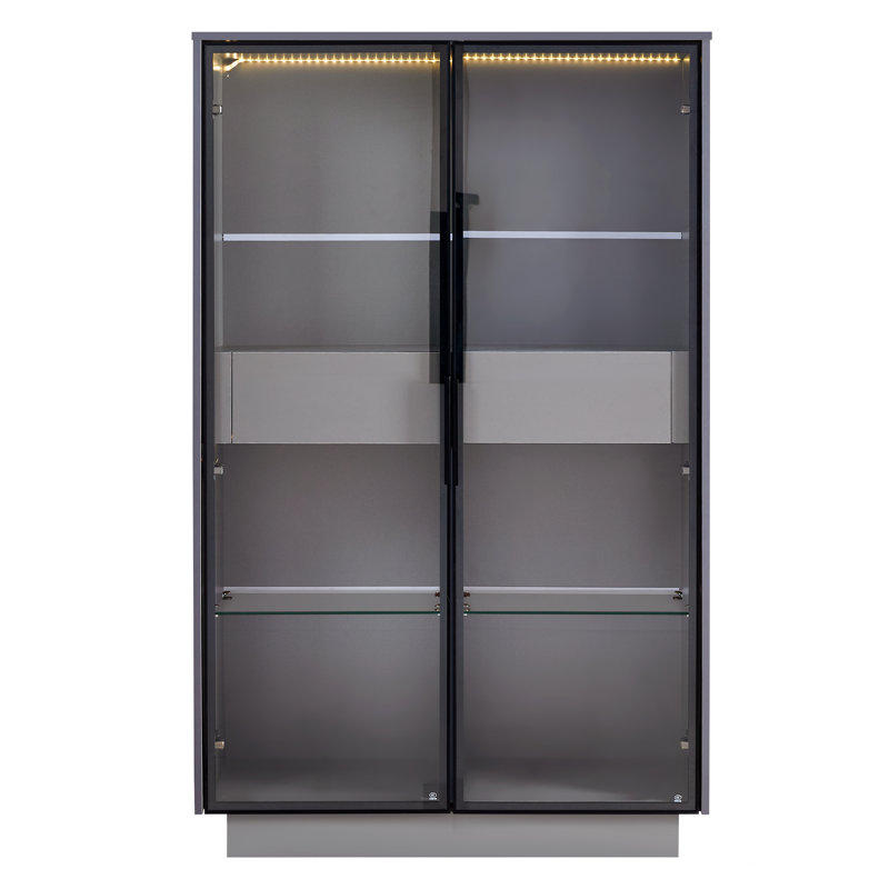 Vitrine 60,6 po à porte vitrée autoportante avec éclairage DEL, tablettes réglables et 2 tiroirs de rangement - Bibliothèque grise pour le salon, le bureau, la cuisine