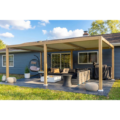 Pergola à persiennes en aluminium à grain de bois 11 po x 21 pi avec toit ajustable et patio rétractable à toit rigide pour la terrasse