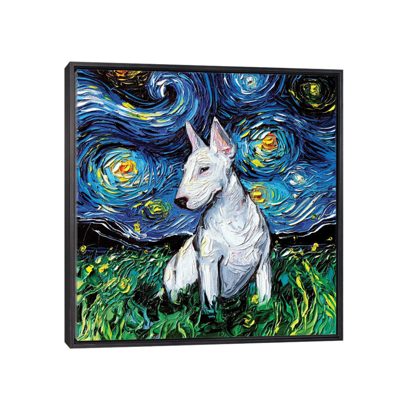 Bull Terrier Night par Aja Treves - reproduction d'art, H 37 po x l 37 po x P 1,5 po, Toile avec cadre noir patiné